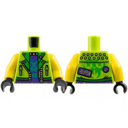 Torso Jacket Open with Silver Zippers, Dark Purple Shirt with Dark Turquoise Skull, Ninjago Logogram 'TOX' on Back Pattern / Yellow Arms / Black Hands: {ярко жълто-зелен}