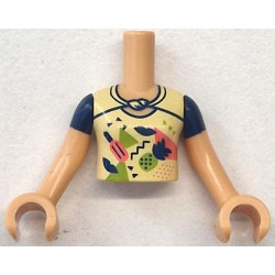 Torso Mini Doll Girl Bright Light Yellow Top with Coral and Lime Popsicle, Pineapple, Triangles and Shapes Pattern, Medium Tan Arms with Hands with Dark Blue Short Sleeves: {умерен тан}
