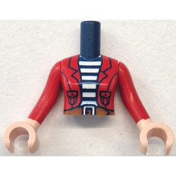Torso Mini Doll Woman Red Jacket Open over White Striped Shirt, Dark Orange Belt with Buckle Pattern, Light Nougat Arms with Hands with Red Long Sleeves: {земно син}