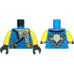 Torso Tunic with Dark Blue Hems, Gold Trim, Metallic Light Blue Shirt, Ninjago Logogram 'MOW', Letter N on Back Pattern / Yellow Arms / Black Hands: {тъмно небесносин}