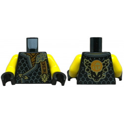 Torso Tunic with Dark Bluish Gray Hems, Gold Trim, Dark Orange Shirt, Ninjago Logogram 'MOE', Letter C on Back Pattern / Yellow Arms / Black Hands: {черен}