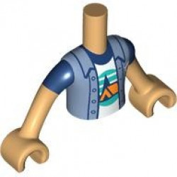 Torso Mini Doll Boy Sand Blue Jacket over White T-Shirt with Orange Tent, Dark Blue Trees, Dark Turquoise Sky and Ground Pattern, Medium Tan Arms with Hands with Dark Blue Short Sleeves: {умерен тан}