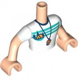 Torso Mini Doll Man White T-Shirt with Orange Tent, Dark Blue Trees, Dark Turquoise Sky and Ground and Whistle Pattern, Light Nougat Arms with Hands with White Short Sleeves: {светло нуга}