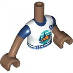 Torso Mini Doll Girl White T-Shirt with Orange Tent, Dark Blue Trees, Dark Turquoise Sky and Ground, Light Aqua Belt Pattern, Medium Brown Arms with Hands with Dark Blue Short Sleeves: {умерено кафяв}