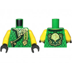 Torso Tunic with Dark Green Hems, Gold Trim, Yellowish Green Shirt, Ninjago Logogram 'MOE', Letter L on Back Pattern / Yellow Arms / Black Hands: {ярко зелен}