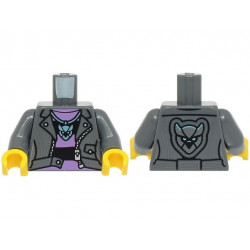 Torso Female Jacket Open, Medium Lavender and Black Striped Shirt, Metallic Light Blue Pendant Necklace Pattern (BAM) / Dark Bluish Gray Arms / Yellow Hands: {тъмно каменно сив}