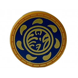 Tile, Round 2 x 2 with Bottom Stud Holder with Gold Ninjago Logogram 'T OF S' and Blades / Drops in Dark Blue Circle with Dark Orange Edge Pattern: {топло златист}