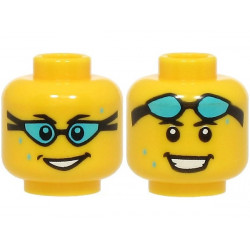 Minifigure, Head Dual Sided Black Eyebrows, Open Mouth Smile, Medium Azure Water Drops, Swim Goggles over Eyes / on Forehead Pattern (BAM): {ярко жълт}