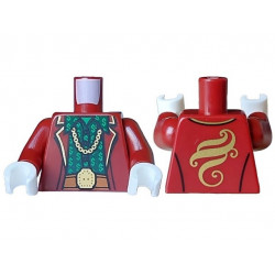 Torso Jacket Open over Dark Green Shirt with Buttons and Bright Green Dollar Signs, Dark Orange Belt with Gold Minifigure Head Buckle, Chain Necklace, Swirl Logo on Back Pattern / Dark Red Arms / White Hands: {нов тъмно червен}