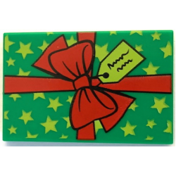 Tile 2 x 3 with Present / Gift with Red Ribbon with Bow, Lime Tag and Stars Pattern (BAM): {тъмно зелен}