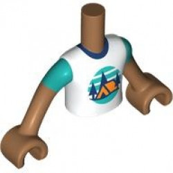 Torso Mini Doll Boy White T-Shirt with Orange Tent, Dark Blue Trees, Dark Turquoise Sky and Ground Pattern, Medium Nougat Arms with Hands with Dark Turquoise Short Sleeves: {умерен нуга}