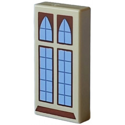 Tile 1 x 2 with Reddish Brown Windows and Sill, Dark Bluish Gray Panes and Bright Light Blue Glass Pattern: {тухлено жълт}