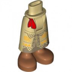 Mini Doll Hips and Skirt Long with Molded Sienna Legs and Feet and Printed Dark Tan Panels and Triangles, Slit in Front, Bright Light Orange Geometric Design, Red Sash Ends Pattern - Thick Hinge: {тухлено жълт}