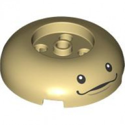 Brick, Round 4 x 4 Dome Top with 2 x 2 Recessed Center with Black Eyes, Mouth and Dark Tan Dimple Pattern (The Legend of Zelda Deku Tree Sprout Face): {тухлено жълт}