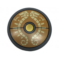 Minifigure, Shield Circular / Round Convex Face with Tan Skeletal Serpents on Medium Nougat Background, Gold Center Pattern (The Legend of Zelda Traveler's Shield): {тъмно каменно сив}