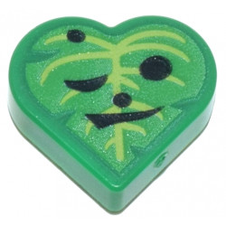 Tile, Round 1 x 1 Heart with Bright Green and Lime Leaf with Black Eyes, Nose and Mouth Pattern (The Legend of Zelda Korok Oakin Face): {тъмно зелен}