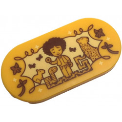 Tile, Round 2 x 4 Oval with Encanto Antonio Micro Doll, Jaguar, Capybara, Snake and Butterflies on Bright Light Yellow Ornate Background Pattern: {огнено жълто-оранжев}