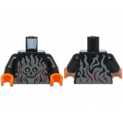 Torso with Dark Bluish Gray Flames with Dark Red Highlights and Skull with Bright Light Orange Eyes Pattern (BAM) / Black Arms / Orange Hands: {черен}