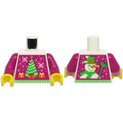 Torso Magenta Knit Fair Isle Holiday Sweater with Bright Green Christmas Tree, Orange Presents, Snowman on Back Pattern (BAM) / Magenta Arms / Yellow Hands: {бял}