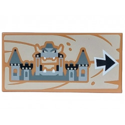 Tile 2 x 4 with Black, Dark Bluish Gray, Light Bluish Gray and White Bowser Castle and Arrow on Tan Wood Grain Background Pattern: {умерен нуга}