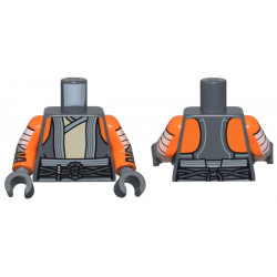 Torso SW Vest Open with Light Bluish Gray Trim over Tan Tunic, Belt with Cords and Ring, Orange Shoulders Pattern / Orange Arms with White Wrappings and Silver Bracers Pattern / Dark Bluish Gray Hands: {тъмно каменно сив}