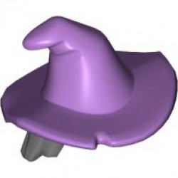 Minifigure, Hair Combo, Hair with Hat, Mid-Length Scraggly with Molded Medium Lavender Floppy Witch Hat Pattern: {тъмно каменно сив}