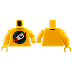 Torso Red and White Retro Space Rocket in Black and Dark Turquoise Circle with Stars Pattern / Bright Light Orange Arm Left with Congenital Defect, without Hand Hole / Bright Light Orange Arm Right / Yellow Hand Right: {огнено жълто-оранжев}