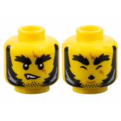 Minifigure, Head Dual Sided Black Bushy Thick Eyebrows, Stubble and Mutton Chops with Light Bluish Gray Highlights, Medium Nougat Zig Zag Scar, Lopsided Grin with Fang / Howling with Closed Eyes and Chin Dimple Pattern: {ярко жълт}