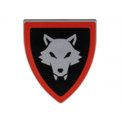 Minifigure, Shield Triangular Short with Silver Wolfpack Almond Eyes, Red Border around Black Background Pattern: {умерено каменно сив}