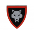 Minifigure, Shield Triangular Short with Silver Wolfpack Almond Eyes, Red Border around Black Background Pattern: {умерено каменно сив}