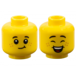 Minifigure, Head Dual Sided Child Black Small Eyebrows, Medium Nougat Freckles, Lopsided Grin with Dimple / Closed Eyes and Open Mouth Smile with Dimples, Top Teeth and Red Tongue Pattern: {ярко жълт}