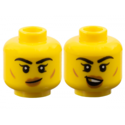 Minifigure, Head Dual Sided Female Black Thick Eyebrows, Single Eyelashes, Lower Eyelid, Medium Nougat Small Cheek Lines and Lips, Lopsided Grin / Open Mouth Smile with Top Teeth and Gold Tooth Pattern: {ярко жълт}