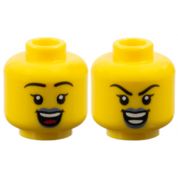 Minifigure, Head Dual Sided Female Black Eyebrows, Single Eyelashes, Sand Blue Lips, Open Mouth Smile, Happy with Top Teeth and Red Tongue / Evil with Teeth Parted Pattern: {ярко жълт}