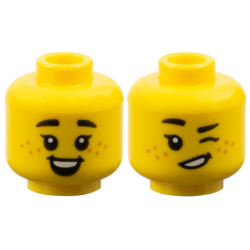 Minifigure, Head Dual Sided Child Female Black Small Thick Eyebrows, Single Eyelashes, Medium Nougat Freckles, Open Mouth Smile with Dimples and Top Teeth / Winking Pattern: {ярко жълт}