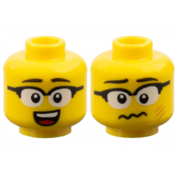 Minifigure, Head Dual Sided Black Eyebrows, Glasses with White Lenses, Open Mouth Smile with Top Teeth and Red Tongue / Dizzy with Medium Nougat Scratches Pattern: {ярко жълт}