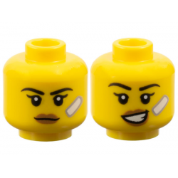 Minifigure, Head Dual Sided Female Black Eyebrows, Single Eyelashes, Medium Nougat Lips, White Bandage, Neutral / Lopsided Open Mouth Smile with Teeth Pattern: {ярко жълт}