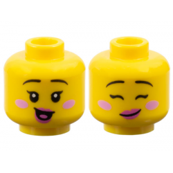 Minifigure, Head Dual Sided Female Black Thin Eyebrows, Single Eyelashes, Bright Pink Cheeks, Dark Pink Lips, Open Mouth Smile with Tongue / Lopsided Grin with Eyes Closed Pattern: {ярко жълт}