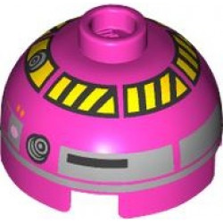 Brick, Round 2 x 2 Dome Top with Black and Yellow Danger Strips Around Dome, Photoreceptor, Silver Panels and Pink Dots Pattern (QT-KT): {ярко пурпурен}