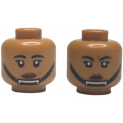 Minifigure, Head Dual Sided Female Black Eyebrows and Eyelashes, Reddish Brown Lips, Black Chin Strap, Grin / Angry Frown Pattern: {умерен нуга}