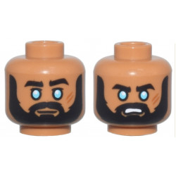 Minifigure, Head Dual Sided Thick Black Eyebrows, Moustache, and Full Beard, Medium Azure Eyes, Dark Orange Scars, Neutral / Angry Open Mouth with Teeth Pattern - Vented Stud: {умерен нуга}