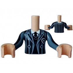 Torso Mini Doll Girl Dark Bluish Gray Striped Jacket over Black Sweater and Tie over White Shirt Pattern, Medium Tan Arms with Hands with Black Long Sleeves with Dark Bluish Gray Stripes: {умерен тан}