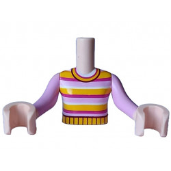 Torso Mini Doll Girl Bright Pink, Magenta, White and Yellow Striped Sweater Pattern, Light Nougat Arms with Hands with Bright Pink Long Sleeves: {светло нуга}