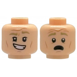 Minifigure, Head Dual Sided Dark Tan Eyebrows, Medium Nougat Cheek Lines, Chin Dimple and Forehead Creases, Lopsided Open Mouth Smile with Teeth / Scared Pattern: {светло нуга}