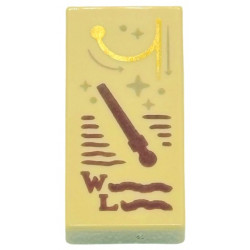Tile 1 x 2 with Reddish Brown Wand, Capital Letter W, L, and Wingardium Leviosa Spell Scribbles, Dark Tan Sparkles and Arrows, Gold Swish and Flick Pattern: {тухлено жълт}