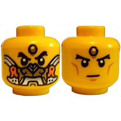 Minifigure, Head Dual Sided Black Thick Eyebrows, Forehead Jewel, Gold, Orange and Silver Mask / Stern with Medium Nougat Cheek Lines and Chin Dimple Pattern: {ярко жълт}