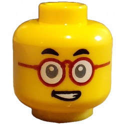 Minifigure, Head Small Black Eyebrows, Round Glasses with Dark Red Frames and White Lenses, Open Mouth Smile with Teeth Pattern: {ярко жълт}