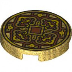 Tile, Round 2 x 2 with Bottom Stud Holder with Gold and Yellow 4 Petal Flower Design and Square on Dark Orange Background Pattern (Coin): {топло златист}