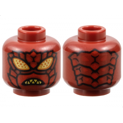 Minifigure, Head Alien Insect with Gold Eyes with Dark Orange Dots, Exoskeleton Segments and Mandibles with Red Spikes, Angry Bared Sharp Teeth Pattern: {нов тъмно червен}