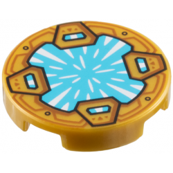 Tile, Round 2 x 2 with Bottom Stud Holder with Medium Azure Crystal with White Radiating Reflections, Clasps with Dark Orange Shapes Pattern: {топло златист}