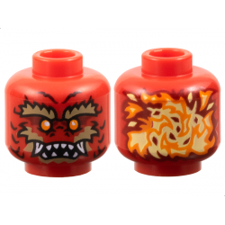 Minifigure, Head Alien Dragon with Orange Eyes, Dark Red Eye Shadow, Dark Tan Bushy Eyebrows, Cheeks and Chin, Scales, Nostrils, Open Mouth with Sharp Teeth Parted and Fangs, Bright Light Yellow Flames on Back Pattern: {ярко червен}